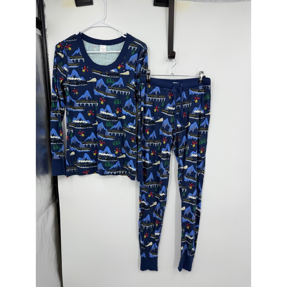 Hanna Andersson‎ Polar Express Pajama Set Mens S/M Blue Organic Cotton Holiday
